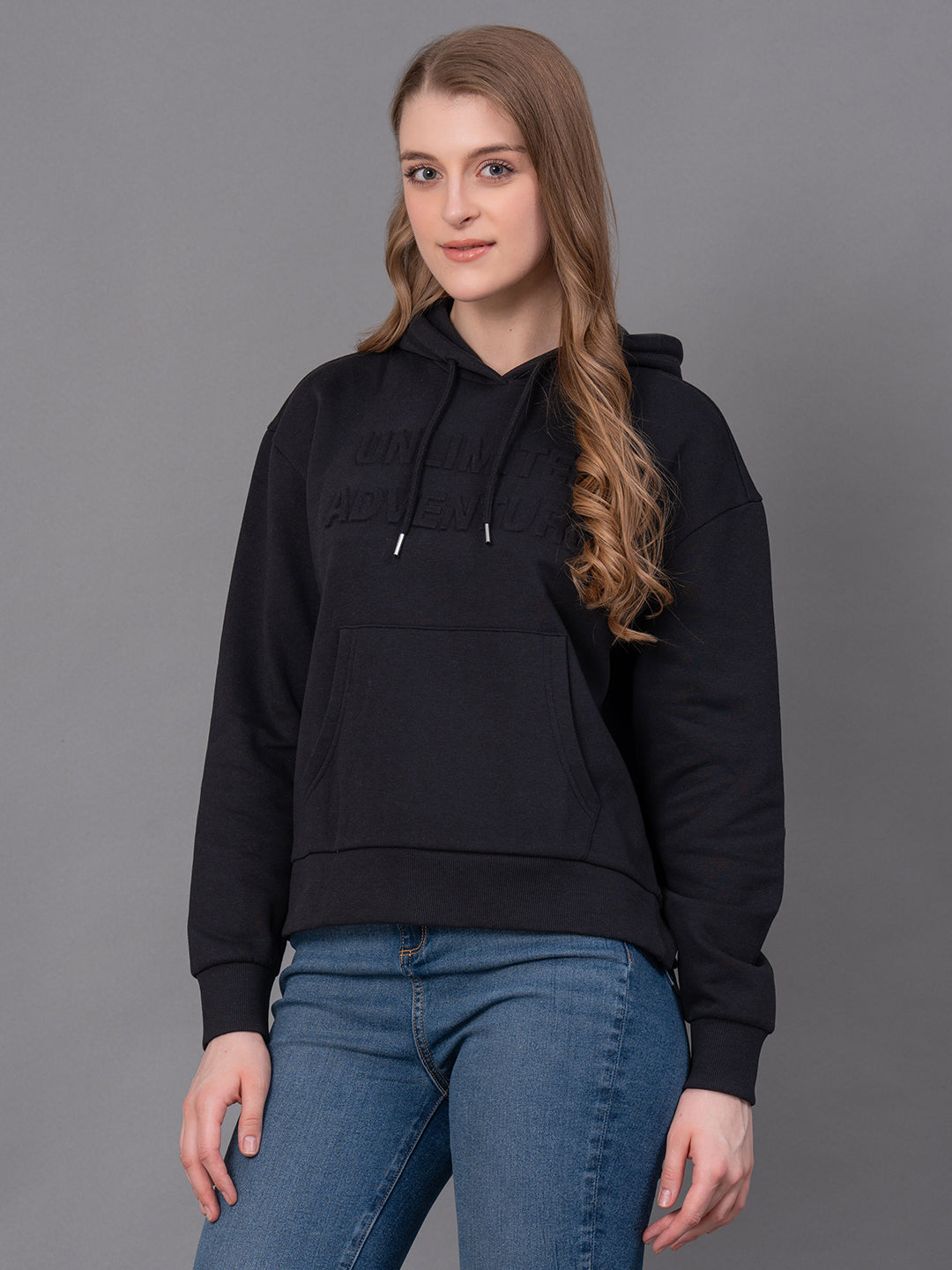 Red Tape Black Cotton Poly Fleece Embossed Women's Hoodie