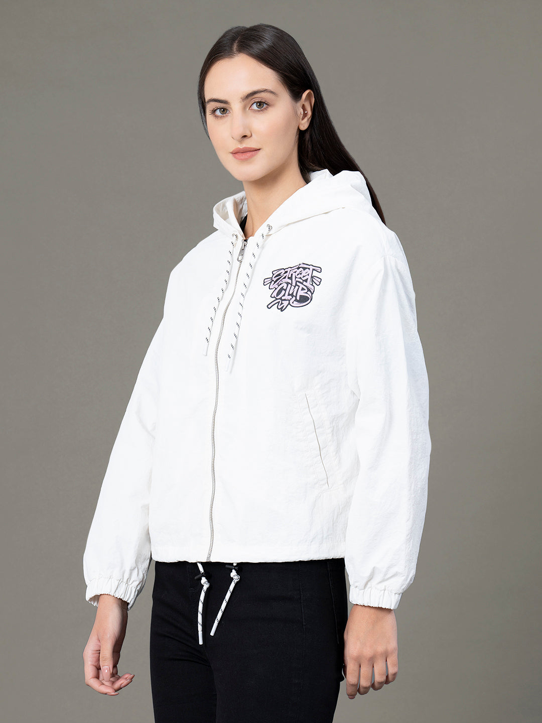 Red Tape Printed Windcheater for Women | Hooded & Water Resistant