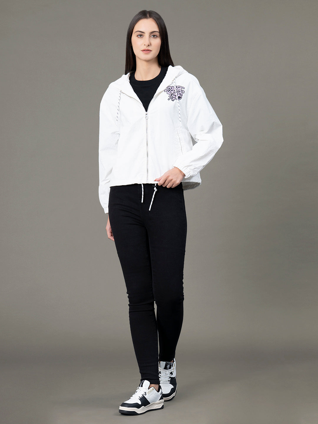 Red Tape Printed Windcheater for Women | Hooded & Water Resistant