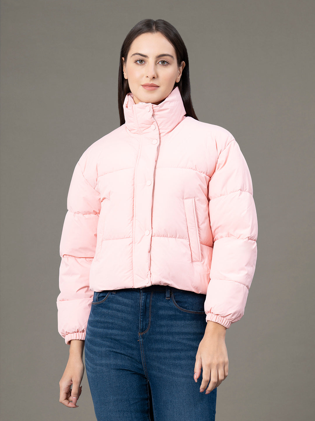 Red Tape Stand Collar Padded Jacket for Women | Zipper & Button