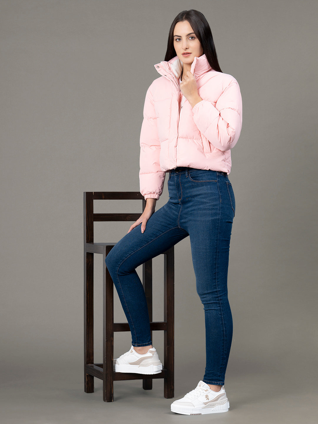 Red Tape Stand Collar Padded Jacket for Women | Zipper & Button