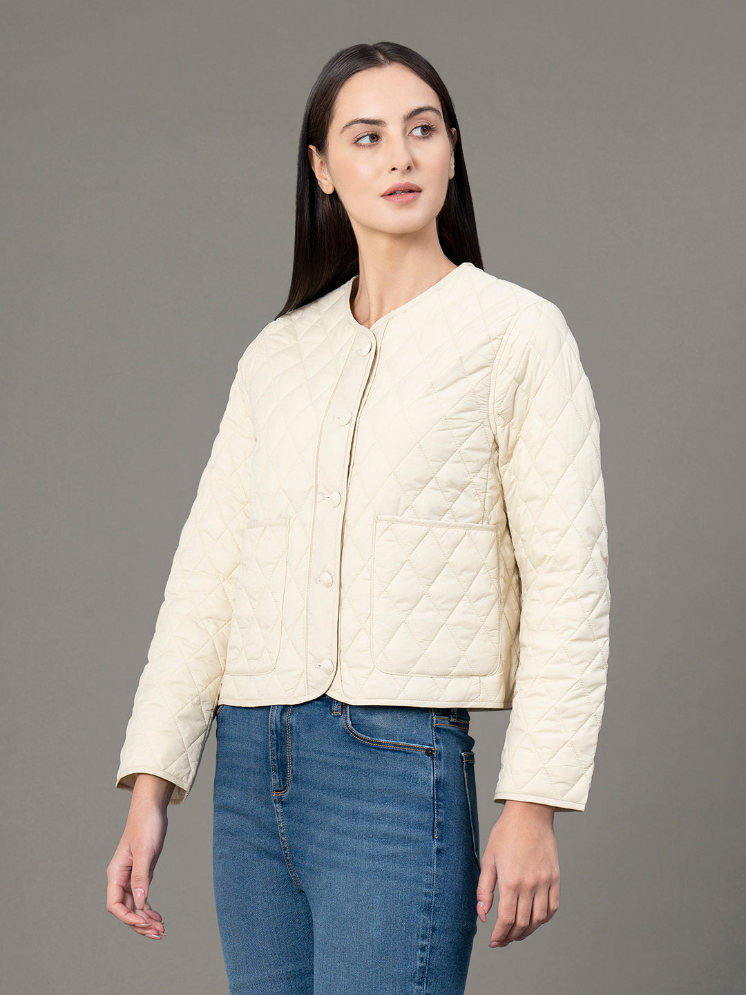 Red Tape Round Neck Jacket for Women | Button Closure | Enhanced