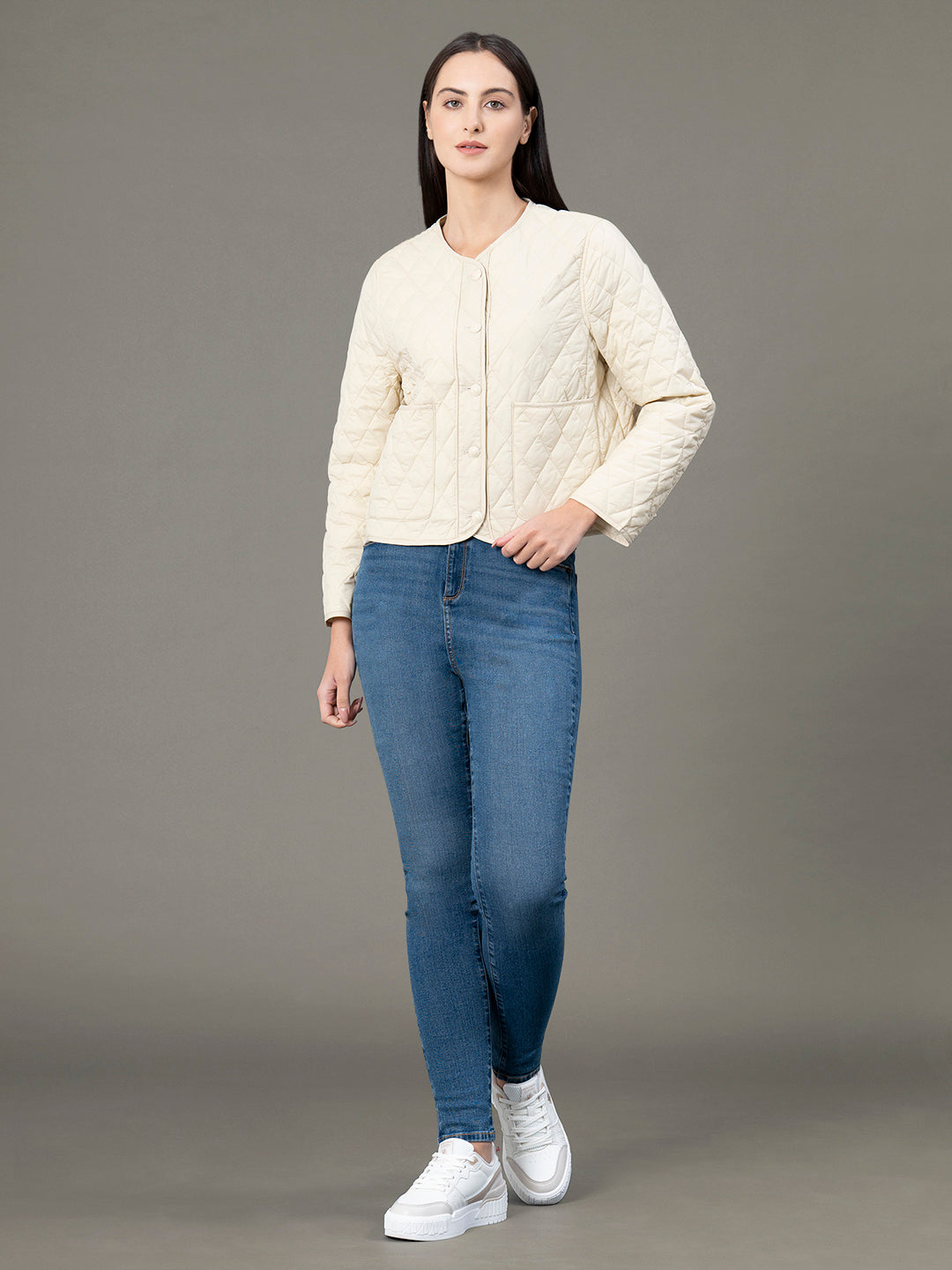 Red Tape Round Neck Jacket for Women | Button Closure | Enhanced