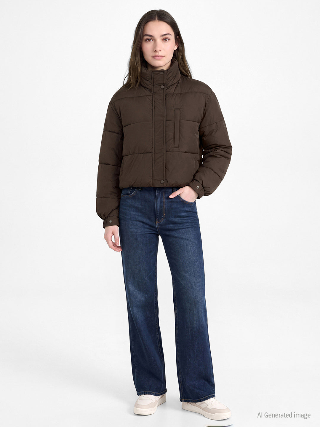Jackets for Women in Dark Brown | Solid Regular Fit Jacket with Functional Pockets