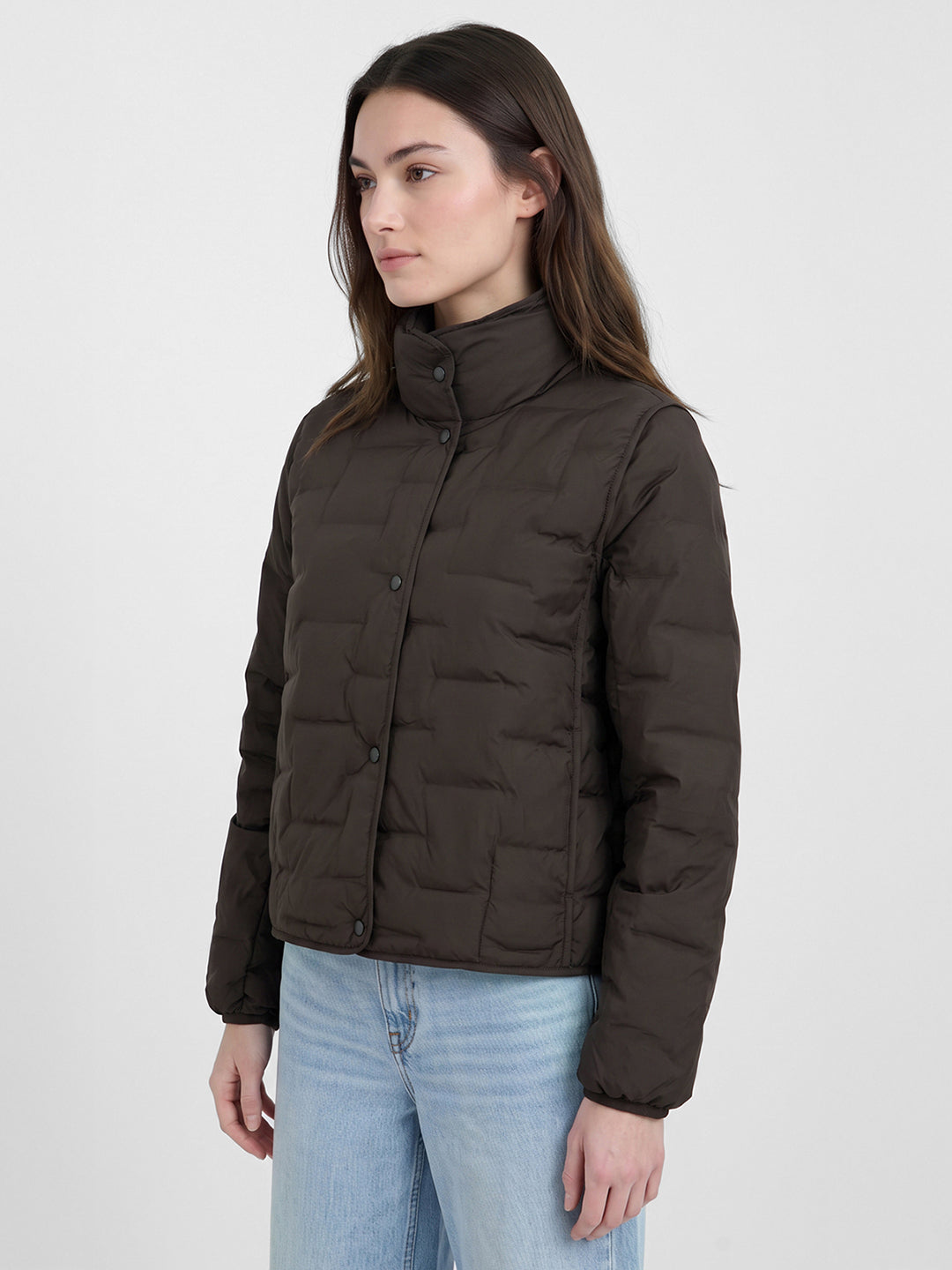 Jackets for Women in Deep Brown | Solid Regular Fit Jacket with Functional Pockets