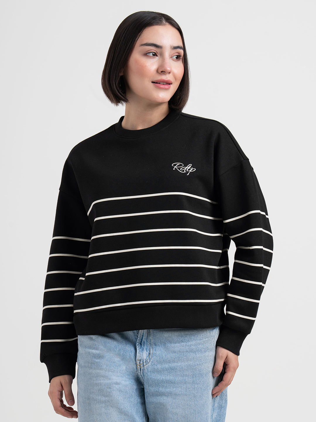 Women's Black Striped Sweatshirt | Casual Everyday Comfort