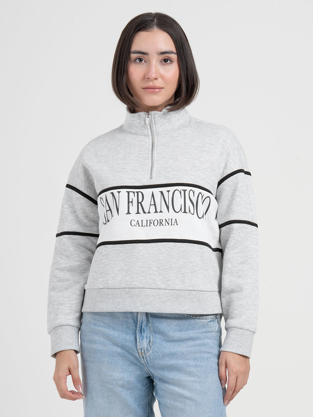 Grey Melange Half-Zip Sweatshirt for Women | Effortless Everyday Style