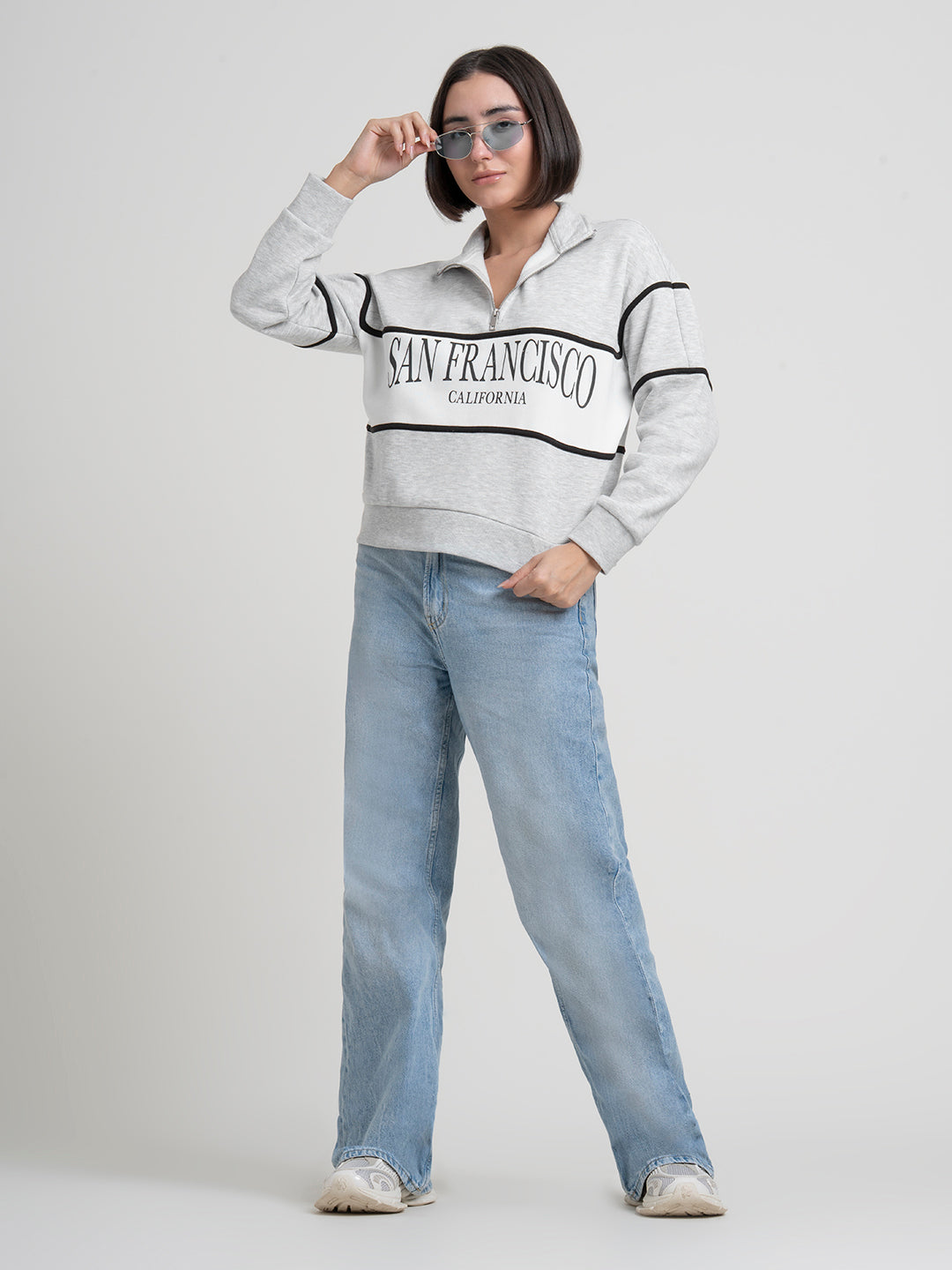 RedTape Grey Melange Half-Zip Sweatshirt for Women | Effortless