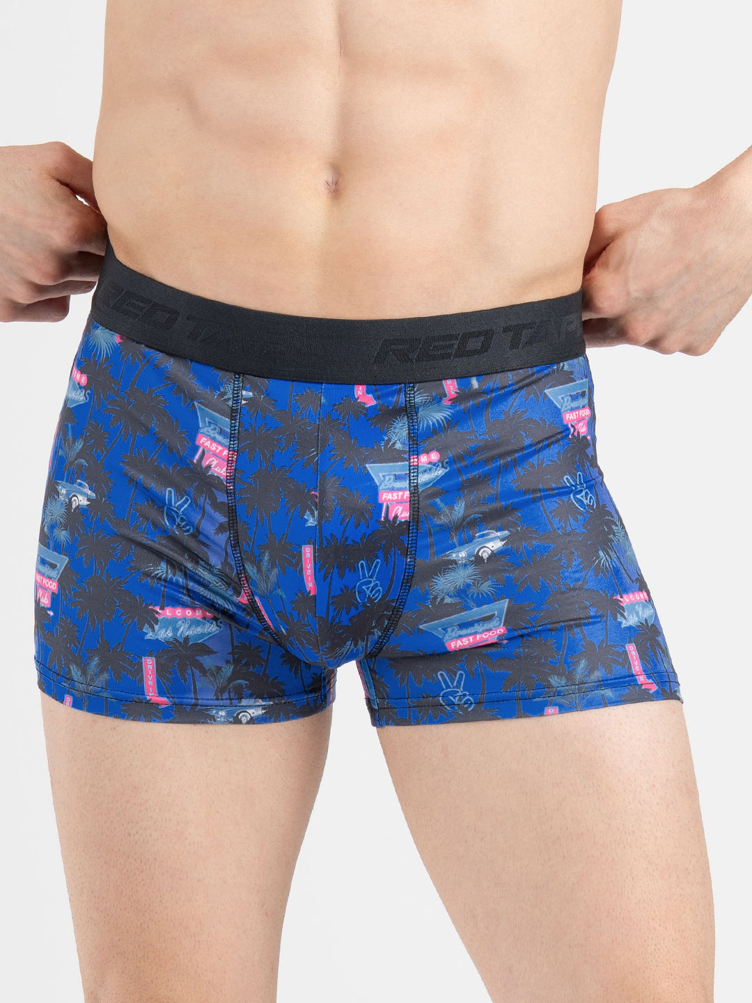 Men's Dark Blue Printed Elasticated Polyester Stretched Woven Trunk