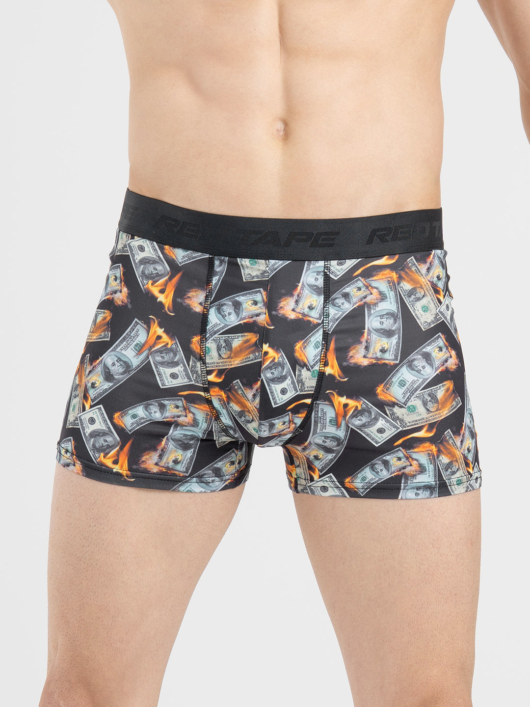 Men's Black Printed Elasticated Polyester Stretched Woven Trunk