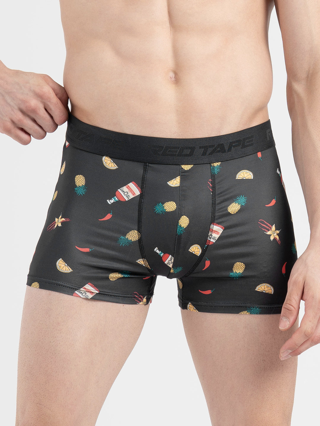 Men's Black Printed Elasticated Polyester Stretched Woven Trunk