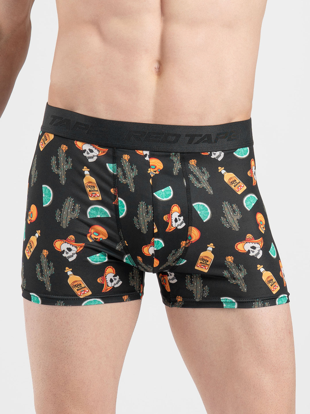 Men's Black Printed Elasticated Polyester Stretched Woven Trunk