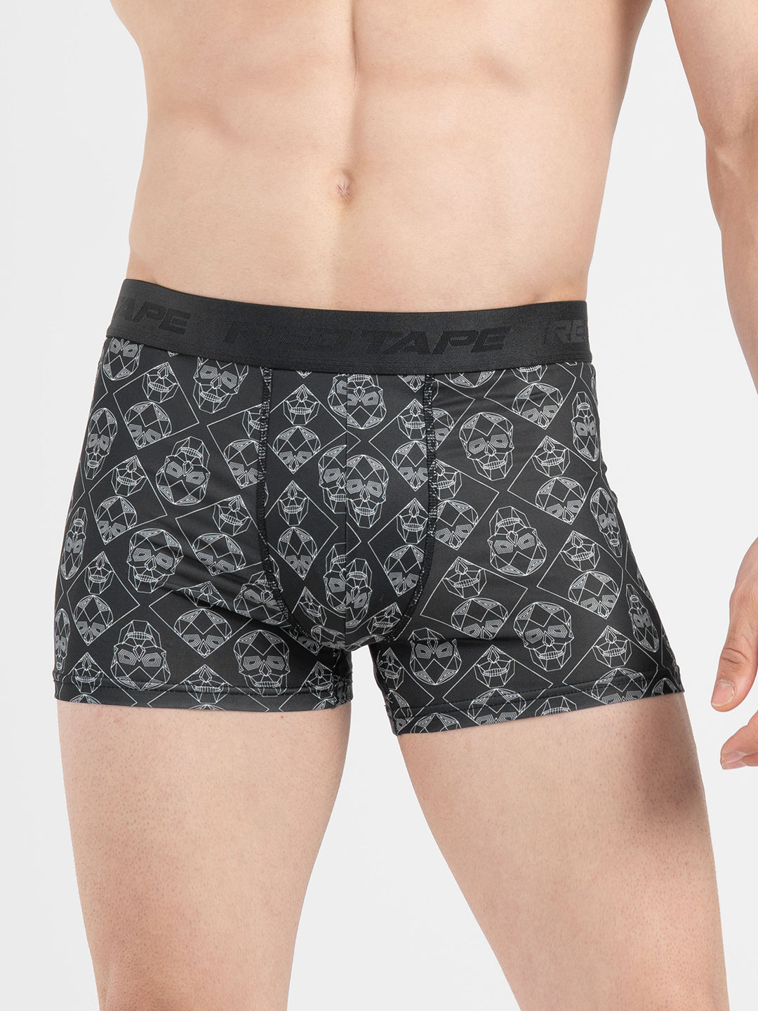 Men's Black Printed Elasticated Polyester Stretched Woven Trunk