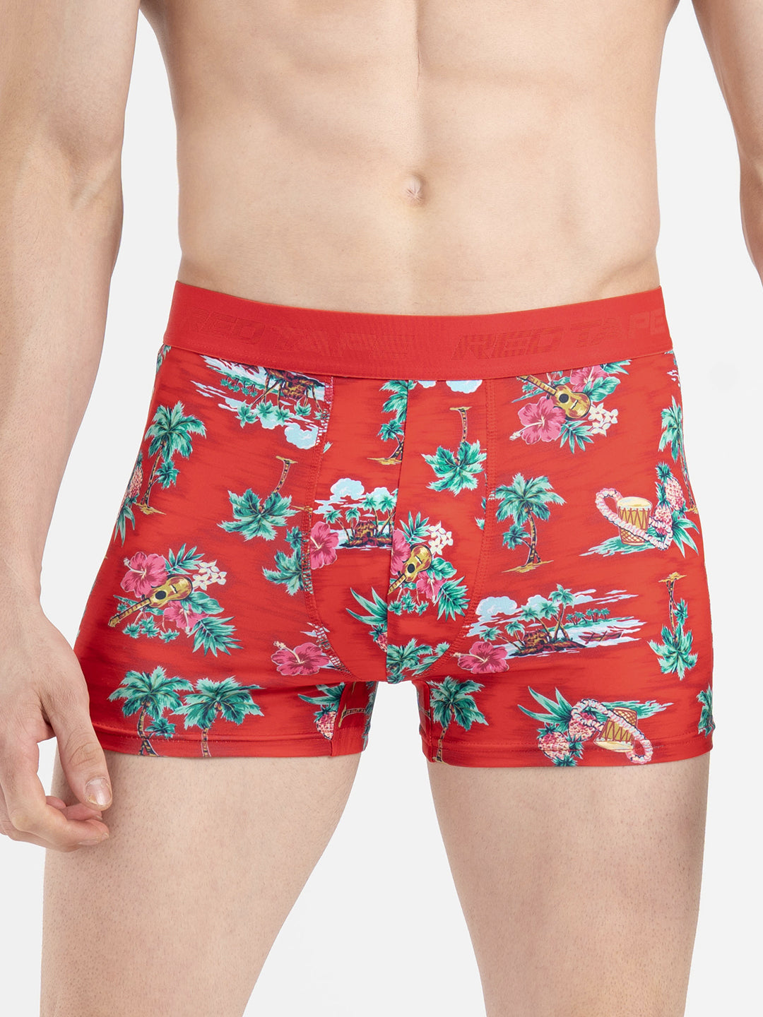 Men's Red Printed Elasticated Polyester Stretched Woven Trunk