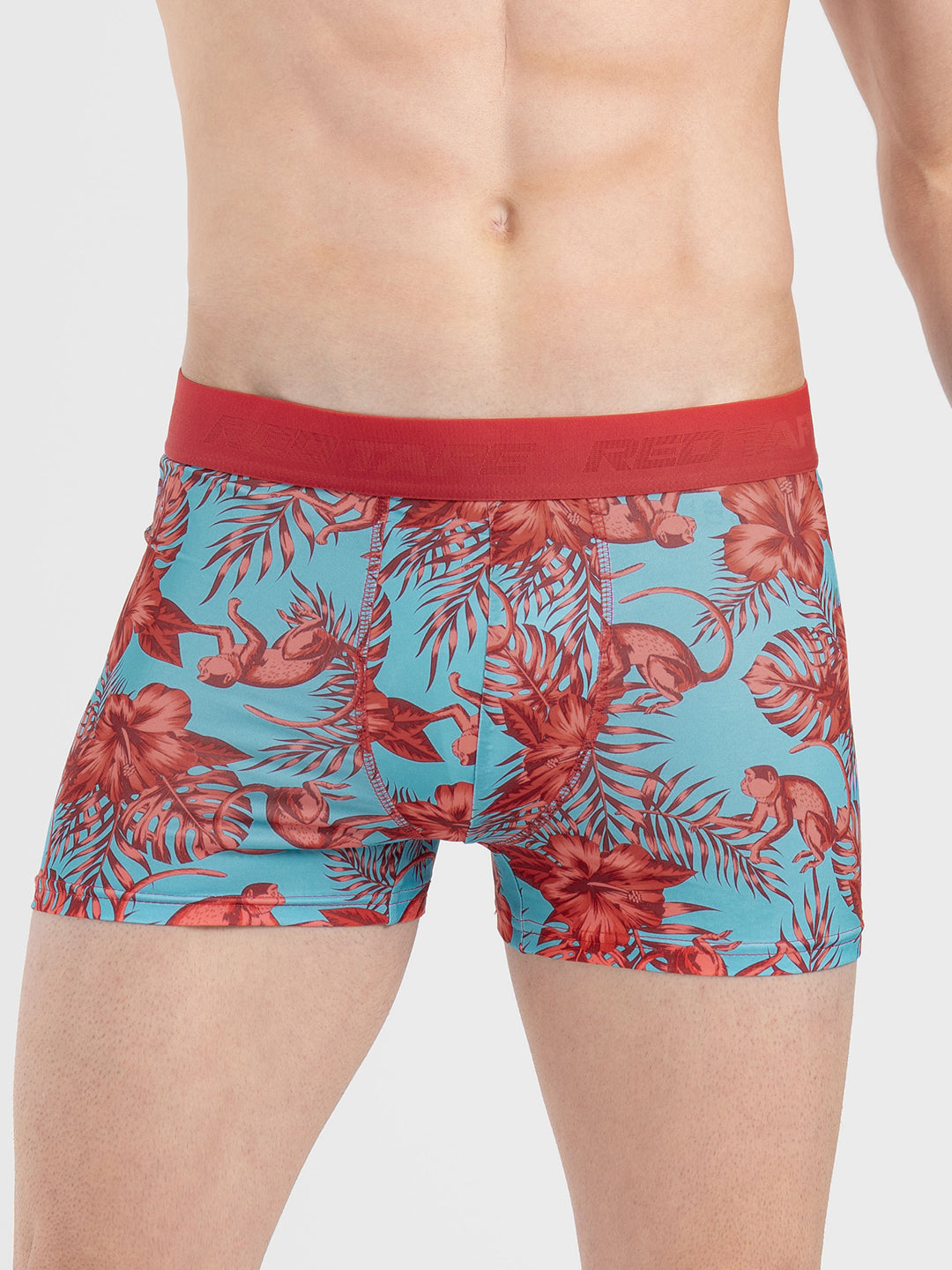 Men's Red Printed Elasticated Polyester Stretched Woven Trunk