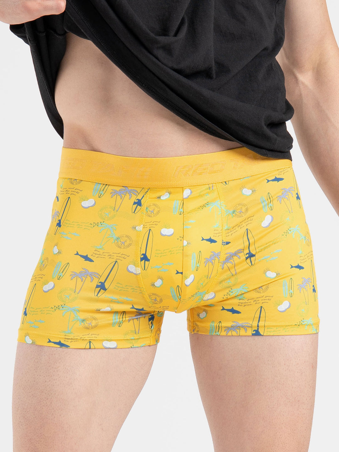 Men's Yellow Printed Elasticated Polyester Stretched Woven Trunk