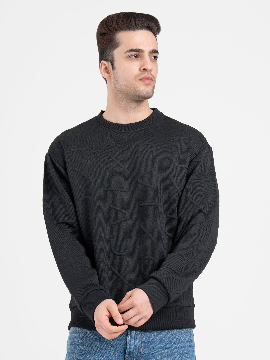 Black Embossed Sweatshirt for Men| Minimalist Comfort for Everyday Wear