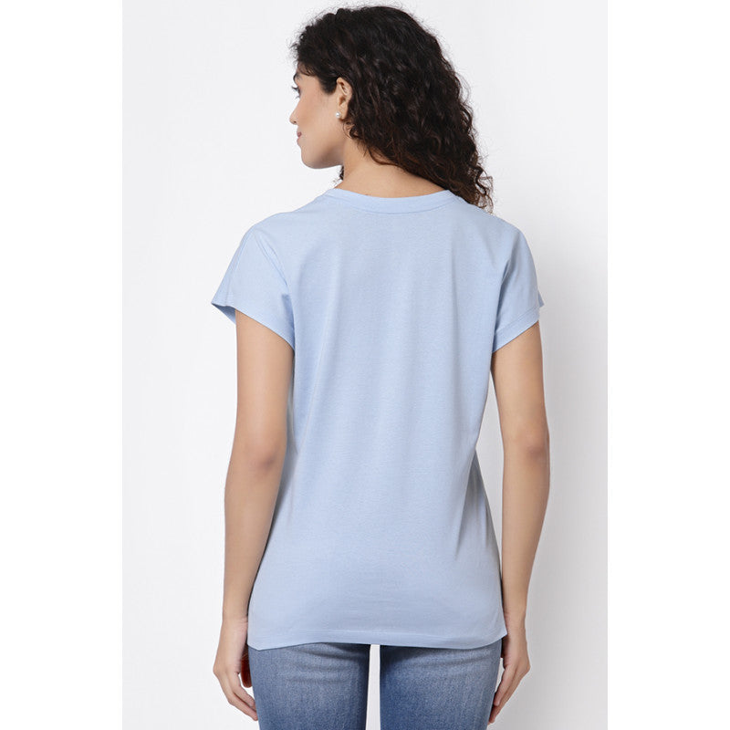 Mode By RedTape Women Ice Blue Round Neck T-Shirt